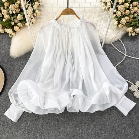 Best Online Shop in Australia - O-neck Ruffles Chiffon Shirt - Emete store