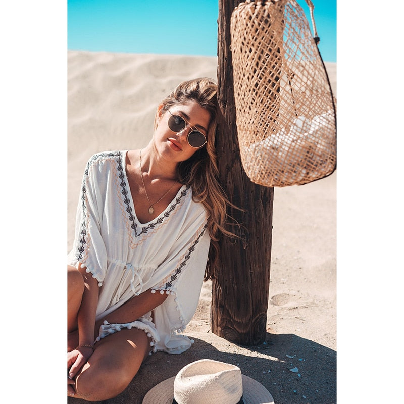 Best Online Shop in Australia - White V-Neck Beach Cover-Up - Emete store