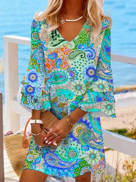 Best Online Shop in Australia - Loose V-Neck Printed Beach Dress - Emete store