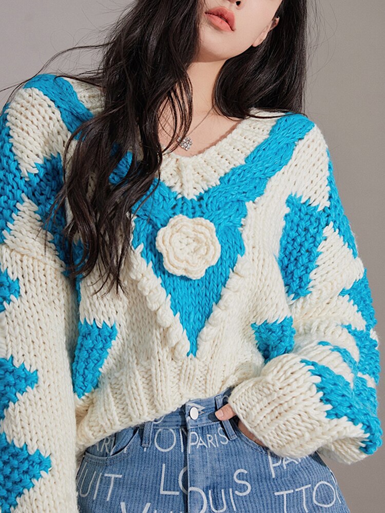 Best Online Shop in Australia - V-Neck Floral Patchwork Pullover - Emete store