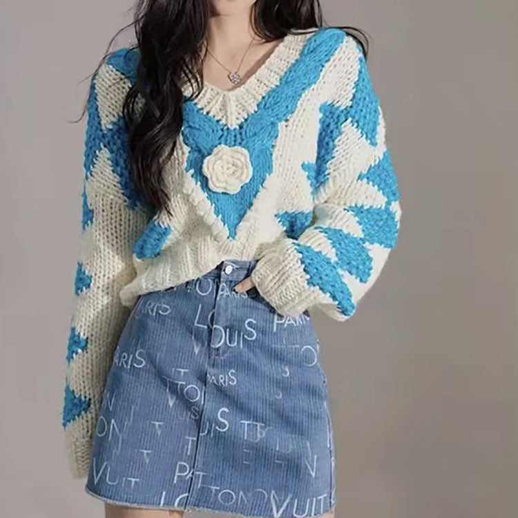 Best Online Shop in Australia - V-Neck Floral Patchwork Pullover - Emete store
