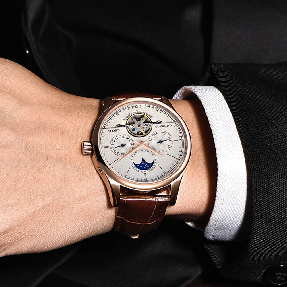 LIGE Brand Men Watches Automatic Mechanical Watch Tourbillon Sport Clock Leather Casual Business Retro Wristwatch Relojes Hombre - Emete store