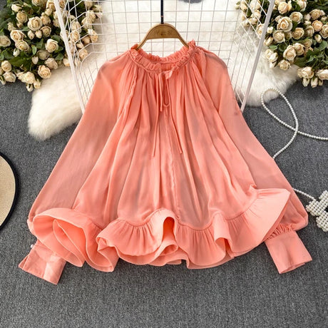 Best Online Shop in Australia - O-neck Ruffles Chiffon Shirt - Emete store