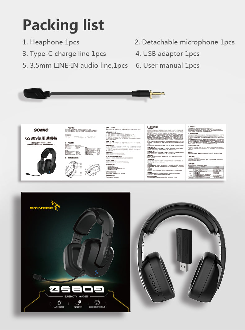 Somic GS809 Headset 2.4G Wireless Bluetooth Gaming Headset Good Sound Quality Headset - Emete store