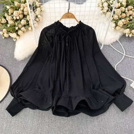 Best Online Shop in Australia - O-neck Ruffles Chiffon Shirt - Emete store