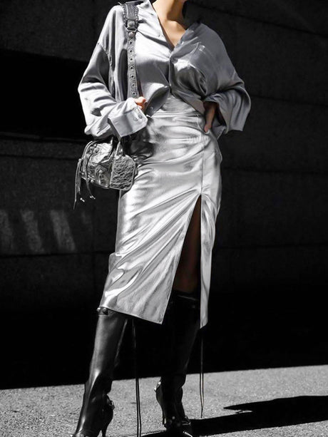 Best Online Shop in Australia - Leather Skirt with Front Slit - Emete store