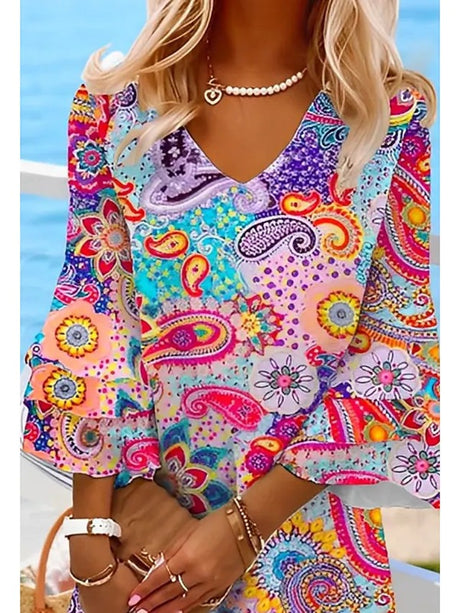 Best Online Shop in Australia - Loose V-Neck Printed Beach Dress - Emete store
