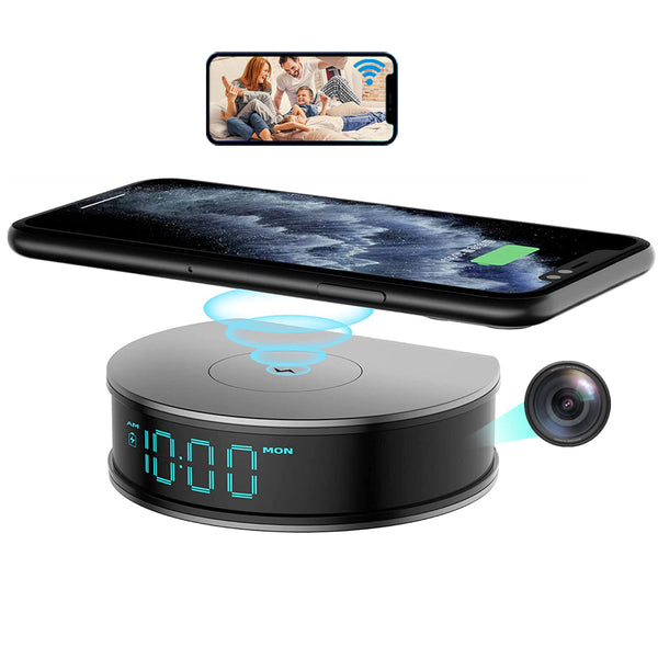 Alarm Clock + 15W Fast Wireless Charger with 1080P Spy Hidden Camera