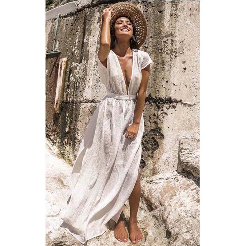 Best Online Shop in Australia - White V-Neck Beach Cover-Up - Emete store