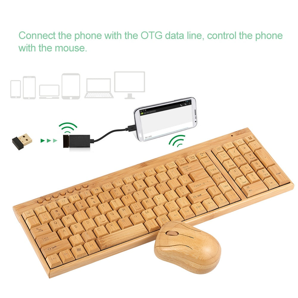 2.4G Wireless Bamboo PC Keyboard and Mouse Combo Combos Computer Keyboard Mice Office Handcrafted Natural Wooden Plug and Play - Emete store