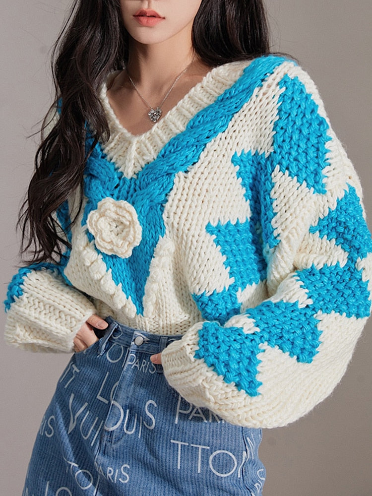 Best Online Shop in Australia - V-Neck Floral Patchwork Pullover - Emete store