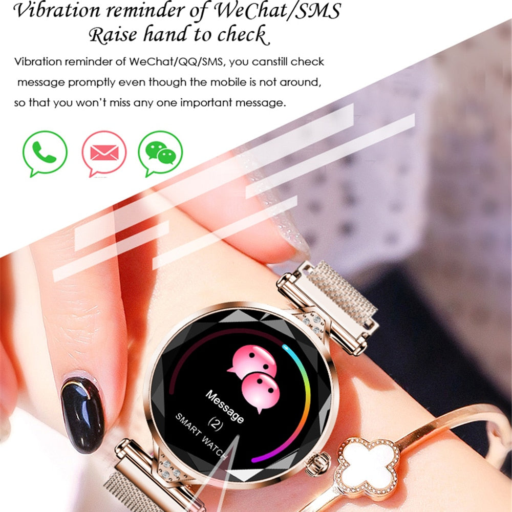 H1 Women Fashion Smart Watch Blood Pressure Heart Rate Monitor Fitness Tracker Bracelet Smartwatch Diamond Flower Color Screen - Emete store