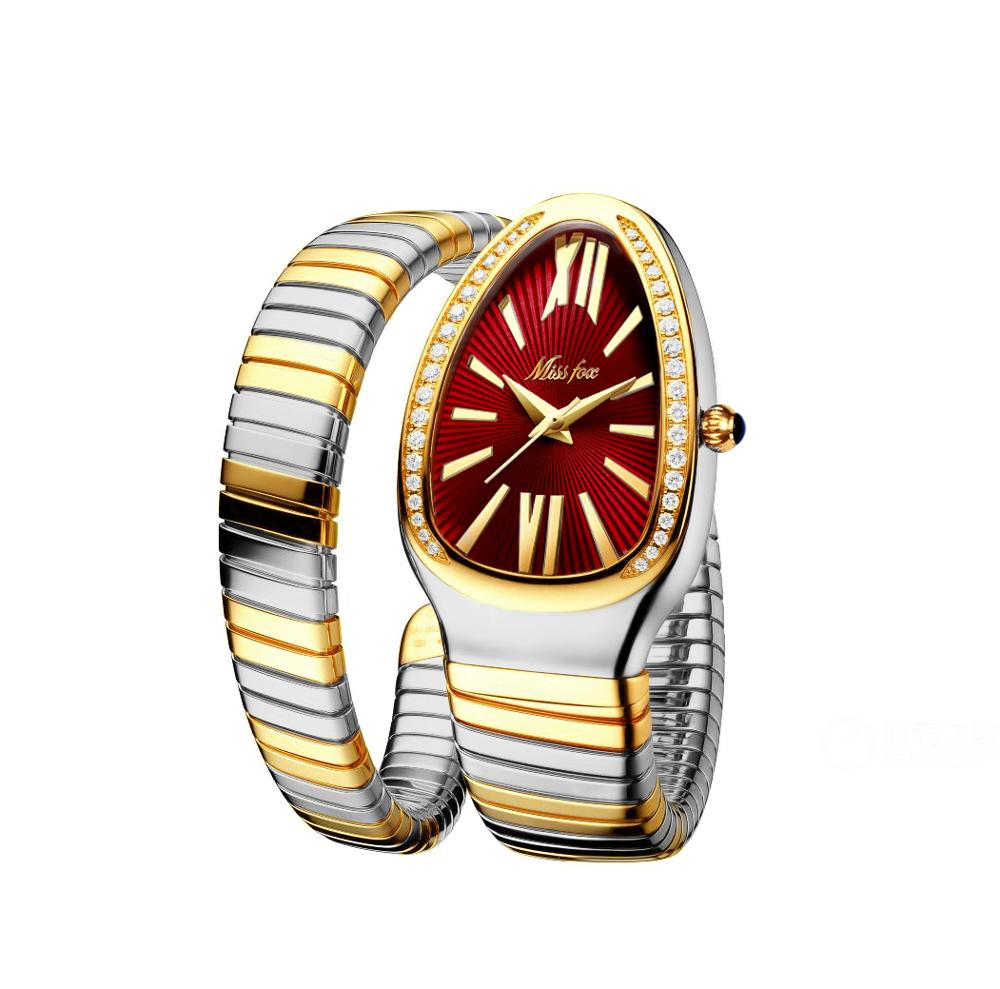 MISSFOX 1221 Women's Watches Snake Shape Luxury Wrist Watch For Women Steel Unique Gold Quartz Ladies Watch Clock Relogio Feminino - Emete store