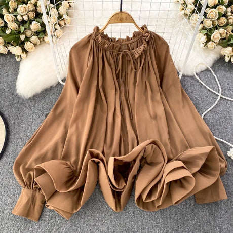 Best Online Shop in Australia - O-neck Ruffles Chiffon Shirt - Emete store