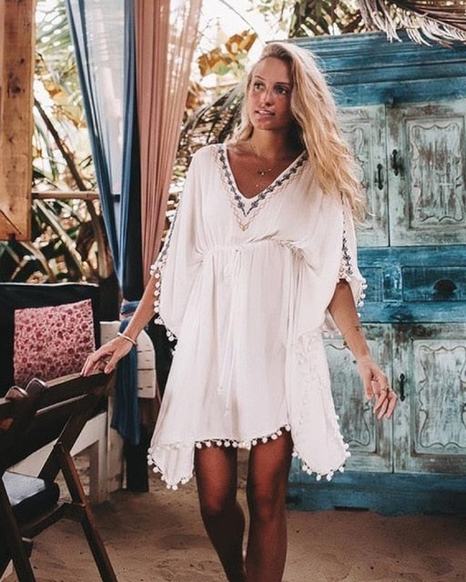 Best Online Shop in Australia - White V-Neck Beach Cover-Up - Emete store