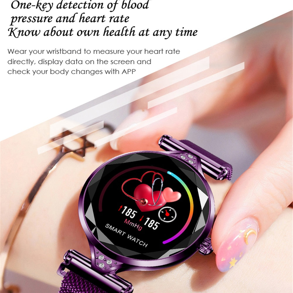 H1 Women Fashion Smart Watch Blood Pressure Heart Rate Monitor Fitness Tracker Bracelet Smartwatch Diamond Flower Color Screen - Emete store