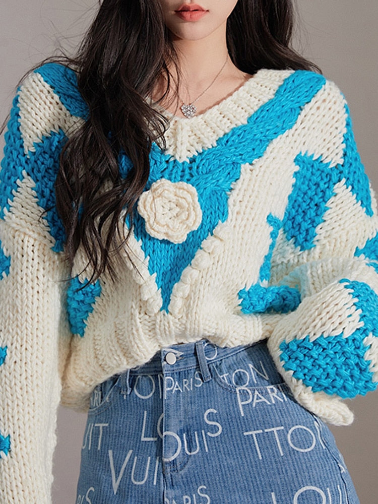 Best Online Shop in Australia - V-Neck Floral Patchwork Pullover - Emete store