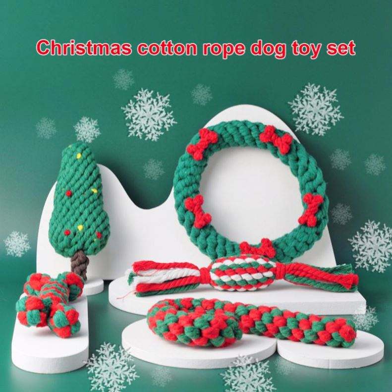 Christmas Pet Cotton Rope Toy Cane Tooth Cleaning Dog Tooth Grinding Toy Bite Resistant Knot Dog Toy Set - Emete store