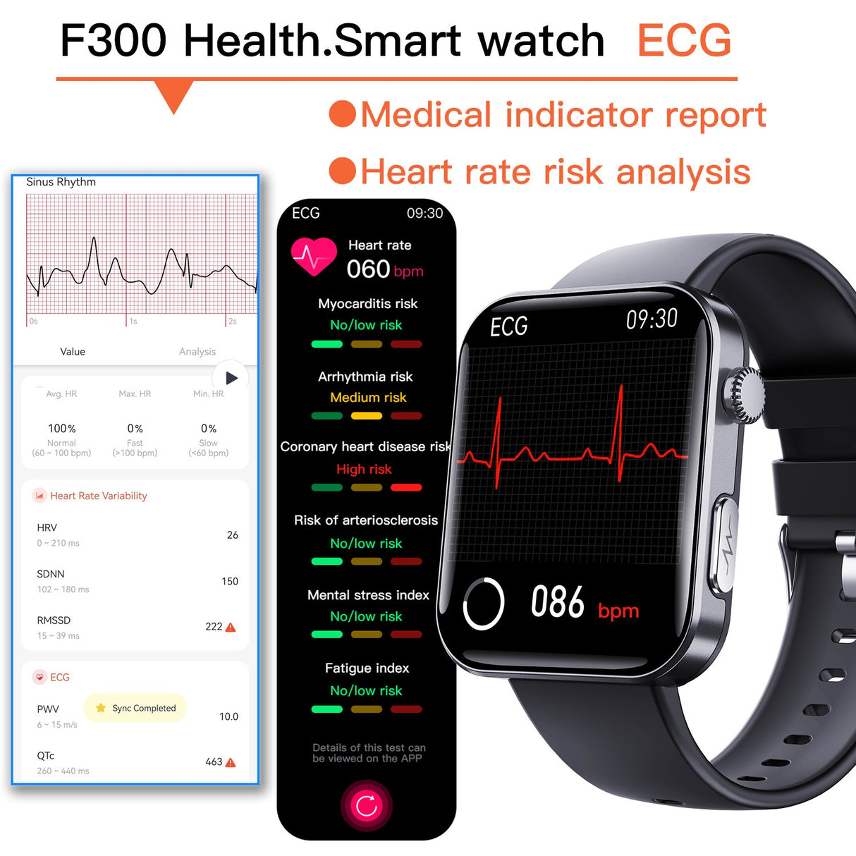 F300 smartwatch ECG electrocardiogram monitoring SOS fall alarm blood glucose and blood pressure watch HRV report - Emete store