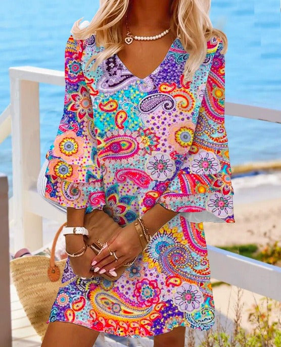 Best Online Shop in Australia - Loose V-Neck Printed Beach Dress - Emete store