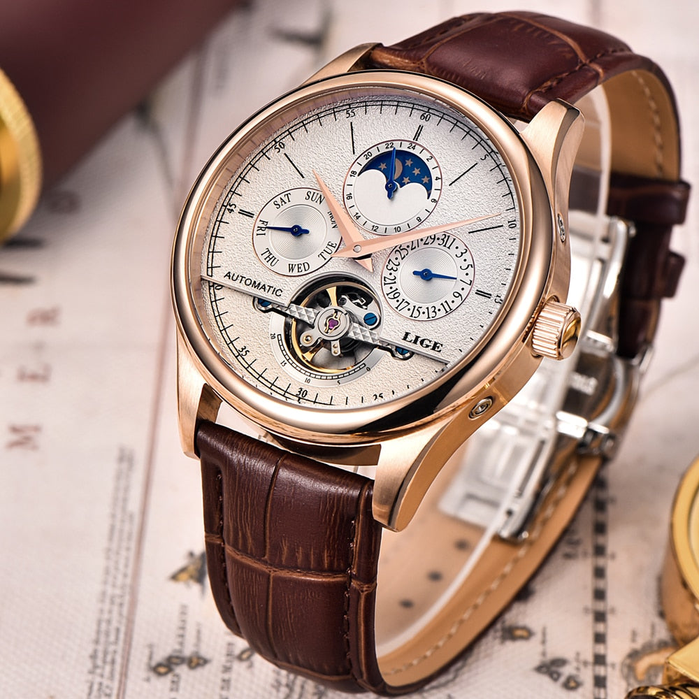 LIGE Brand Men Watches Automatic Mechanical Watch Tourbillon Sport Clock Leather Casual Business Retro Wristwatch Relojes Hombre - Emete store