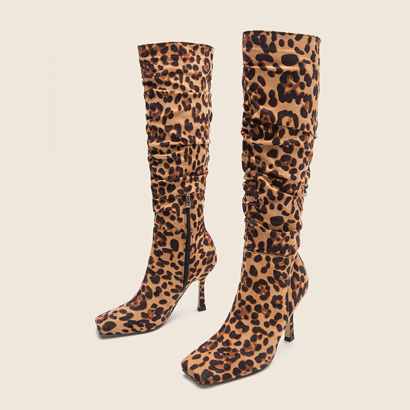 Leopard Print Square-Toe High-Heeled Boots eprolo