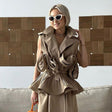 Best Online Shop in Australia - Khaki V-Neck Sleeveless Lace-Up Shirt - Emete store