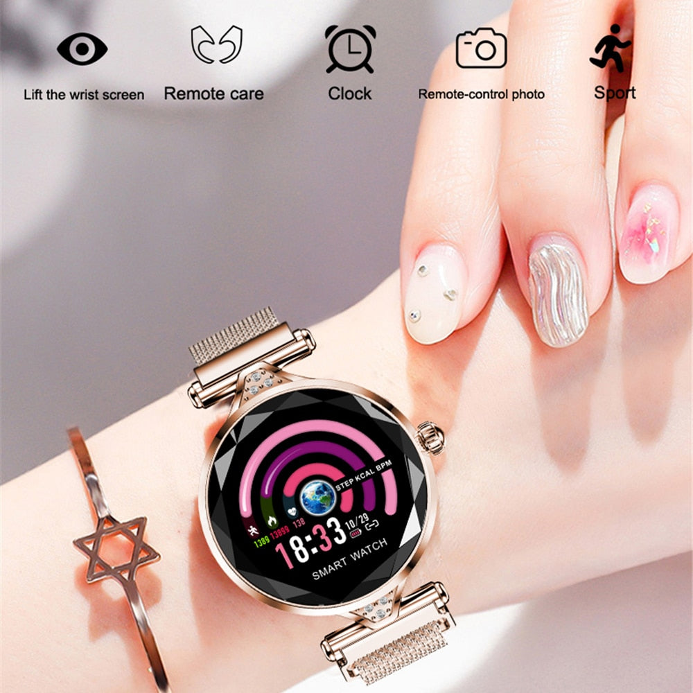 H1 Women Fashion Smart Watch Blood Pressure Heart Rate Monitor Fitness Tracker Bracelet Smartwatch Diamond Flower Color Screen - Emete store