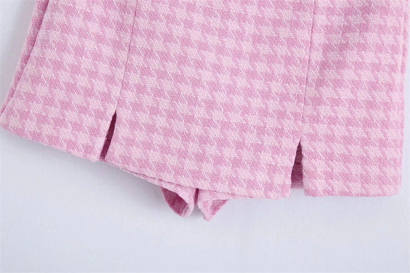 High Waist Double Breasted Pink Plaid Skirt Women eprolo