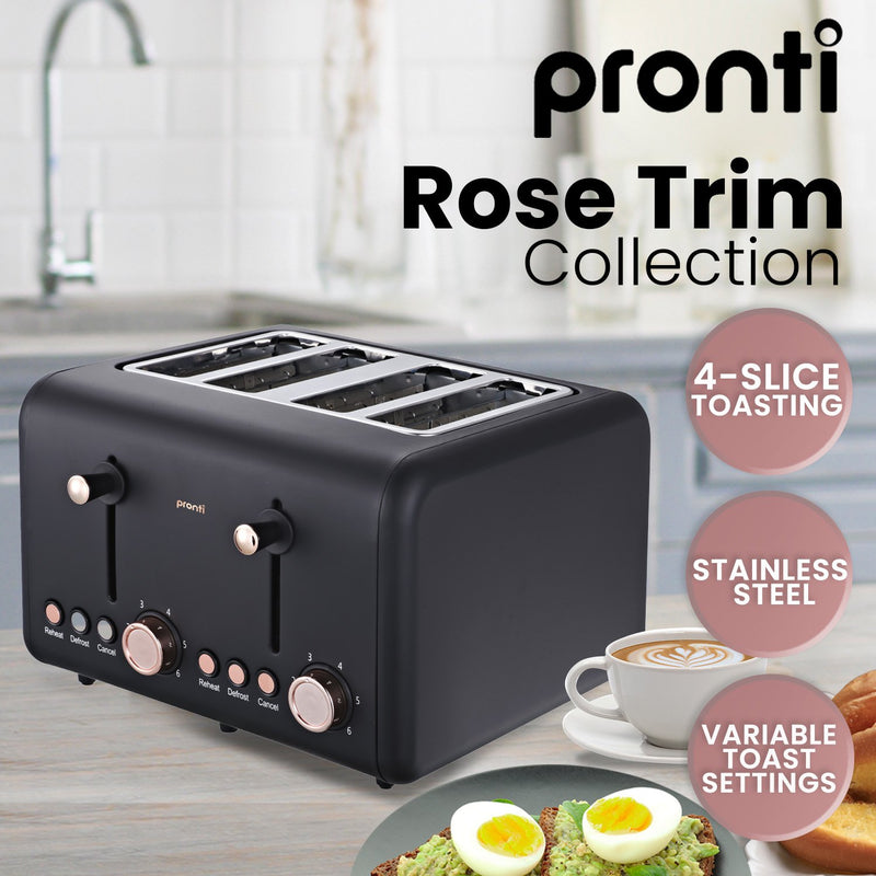 Pronti 4 Slice Toaster Rose Trim Collection - Black Emete store