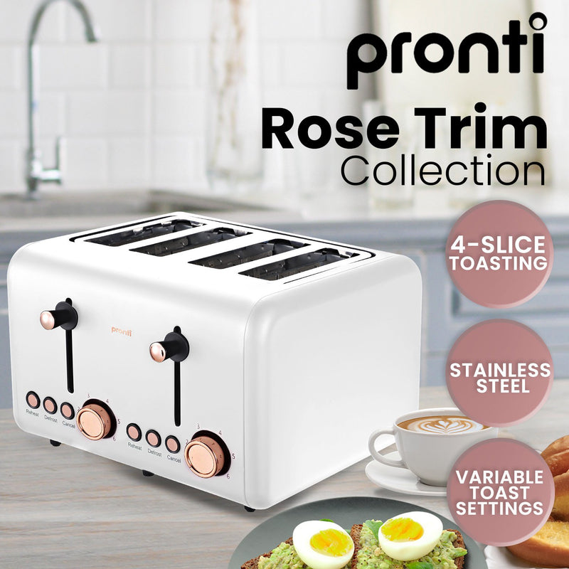 Pronti 4 Slice Toaster Rose Trim Collection - White Emete store