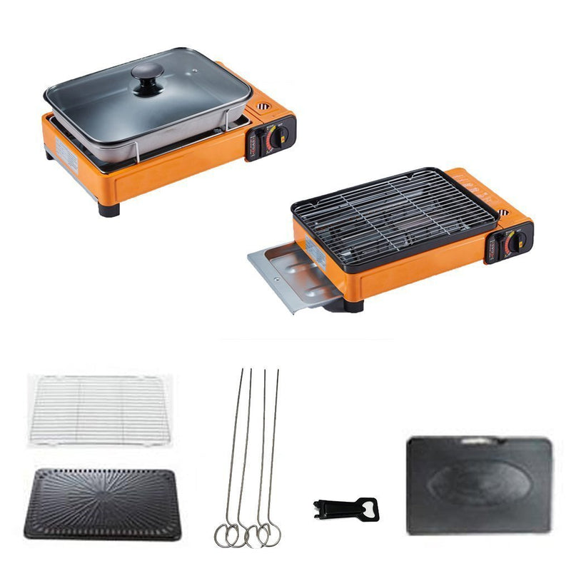 Portable Gas Stove Burner Butane BBQ Camping Gas Cooker With Non Stick Plate Red with Fish Pan and Lid Emete store