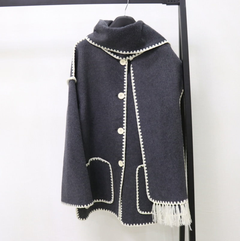 Embroidered Tassel Woven Scarf Knitted Loose Woolen Coat Women - Emete Store