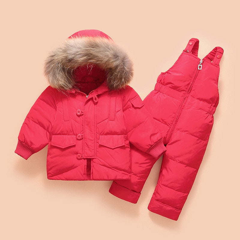 Winter Baby Boys Snowsuits Children's Down Jacket with Big Fur Hooed 4 Solid Colors with Zipper kids Down Jacket Set 2pcs