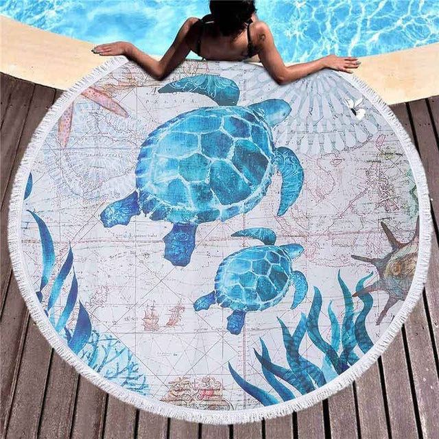 Large Bath Towel for Adults Beach Thick 150cm Round Microfiber Beach Towels Turtle Marine Printed Compressed Tapestry Yoga Mats