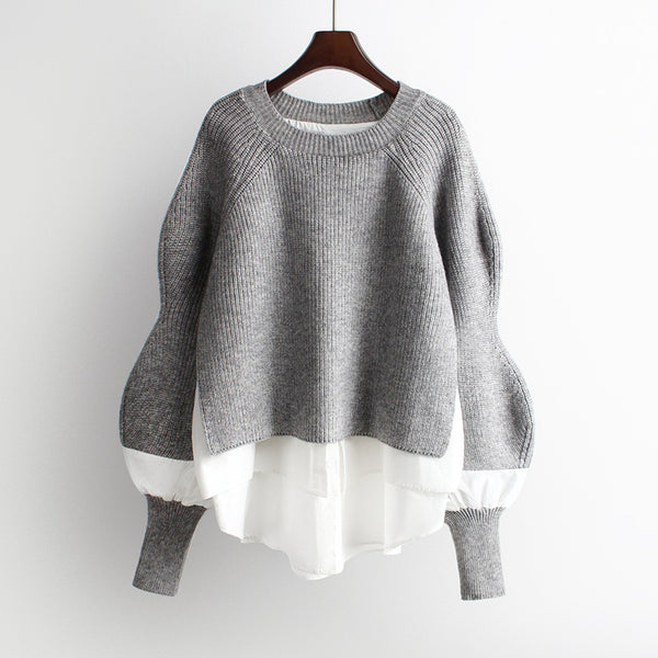 Women's Sweater Splicing Shirt Fake Two-Piece Set Female Temperament Knitted Tops