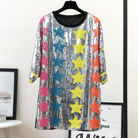 Round neck pullover medium length loose T-shirt with star pattern sequin trendy top for women - Emete Store