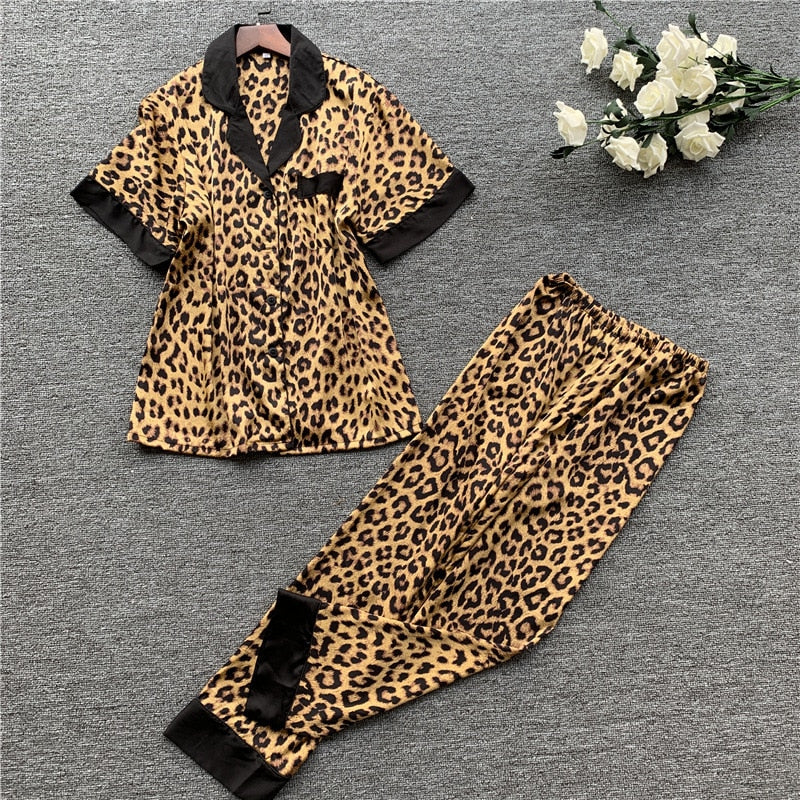 New Long Sleeve Pajamas Woman Ice Silk Fashion Leopard Print Sexy Pajama Set - Emete Store