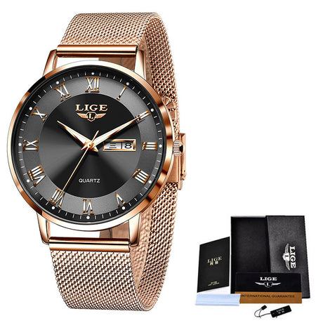 LIGE Ultra Thin Ladies Quartz Watch Classic Women's Watch Dual Calendar Waterproof Watch Milan Mesh Strap Watch - Emete store