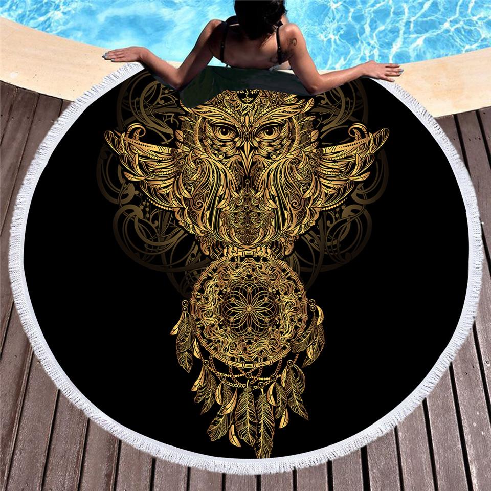 Summer Round Beach Towel Microfiber Bath Towel Large for Adults Owl Dreamcatcher Tassel Blanket Beach Cover Up