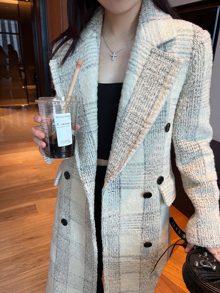 Loose Fit White Plaid Elegant Long Woolen Coat Parkas New Long Sleeve Women Fashion Trend Autumn Winter - Emete Store