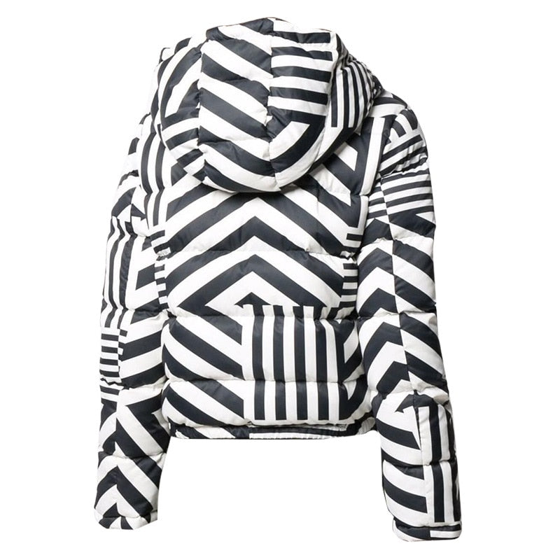 Down Jacket Winter Black And White Stripes Coat Hooded Fashion Design Down Jackets Parka Women's Short Jackets - Emete Store