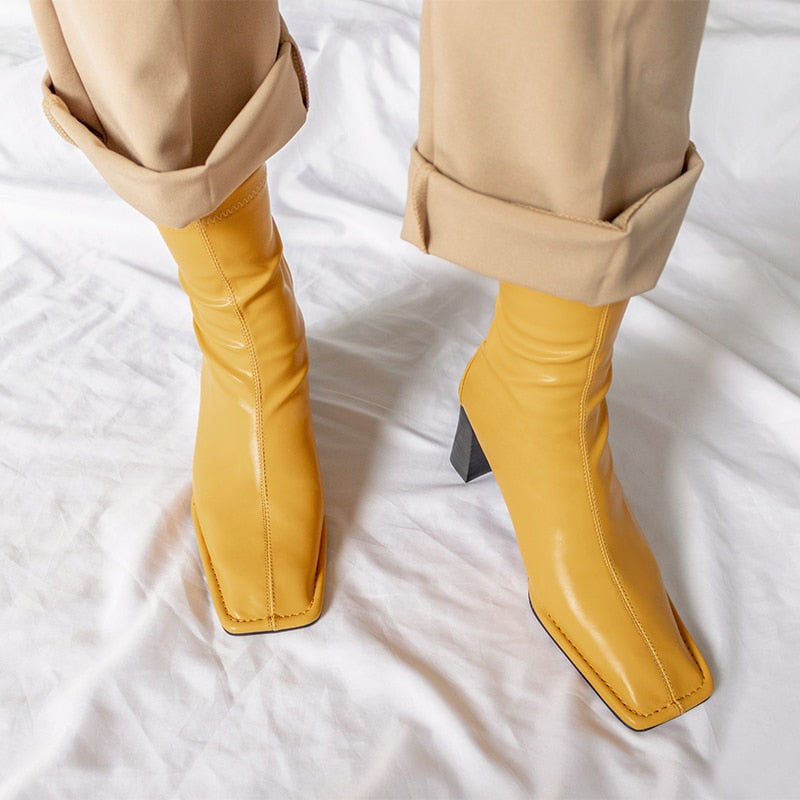 Slim-Fit Yellow Chunky Heel Sock Booties eprolo