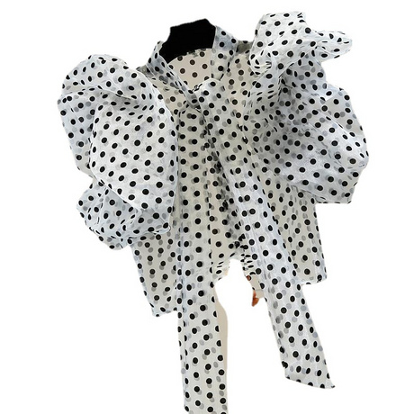 Short polka dot shirt women's bubble sleeve transparent organza top - Emete Store