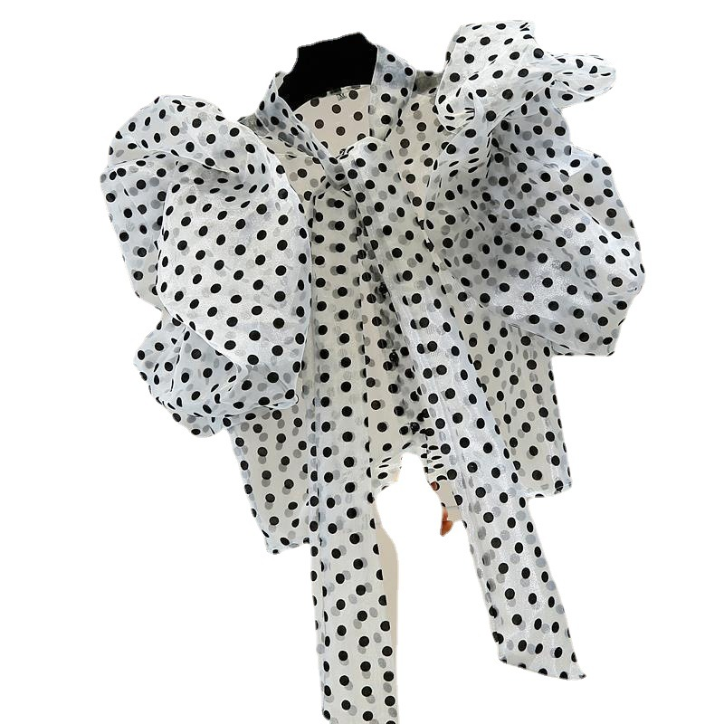 Short polka dot shirt women's bubble sleeve transparent organza top