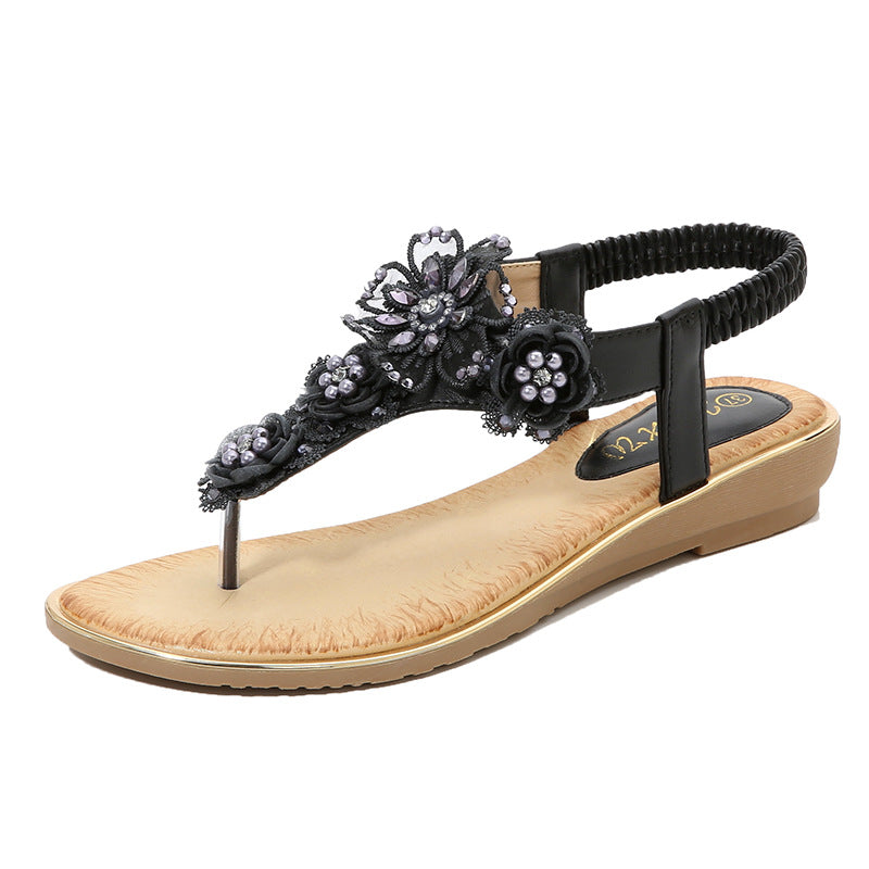 Flower Trimmed Clip-On Flat Sandals for Women eprolo