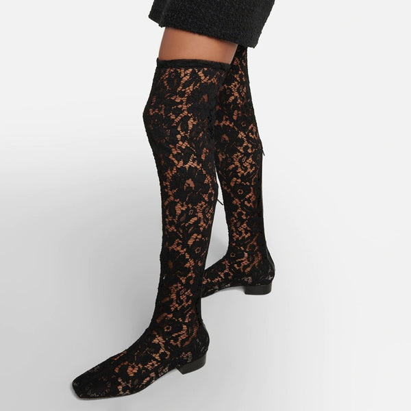 Floral Lace Low Heel Over-the-Knee Boots eprolo