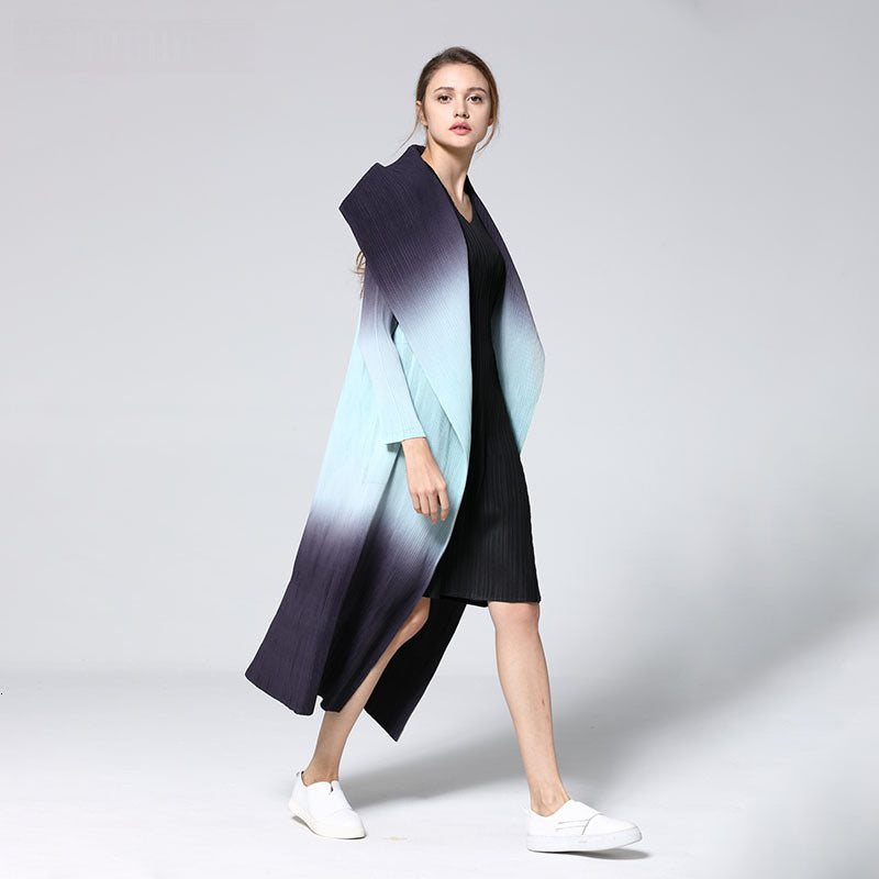 Pleated Leisure Long Sleeve Cardigan Large Lapel Gradient Color Slim Women's Trench Coat - Emete Store