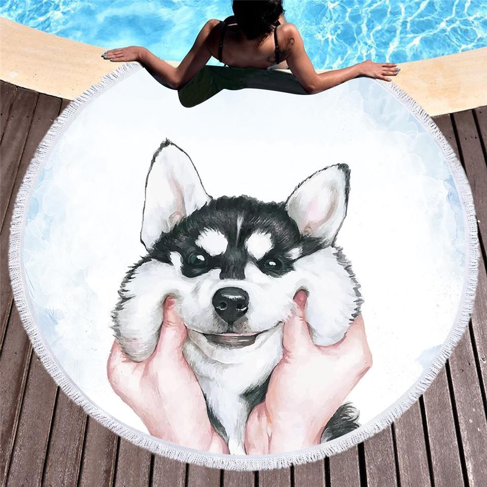 Round Beach Towel For Kids With Tassel Blanket Husky Printed Microfiber Bath Towel Large 150cm Yoga Mat Blanket