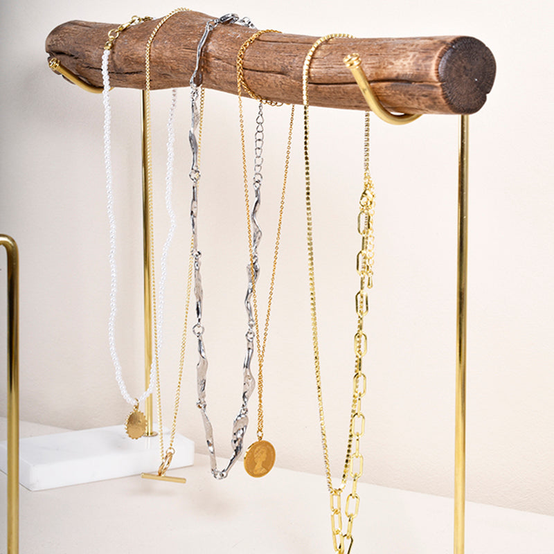 Bracelet Storage Rack Natural Wood And Brass Marble Base Necklace Display Rack
